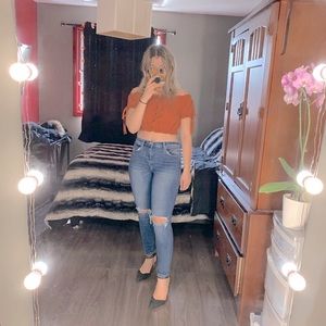 Burnt Orange Off the Shoulder Crop Top 🧡🍊